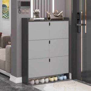 Slim Shoe Storage Cabinet with Flip Down Drawers for Hallway Shoe Rack Organiser Shoe Cupboard 3 Tier Indoor Outdoor (Grey)